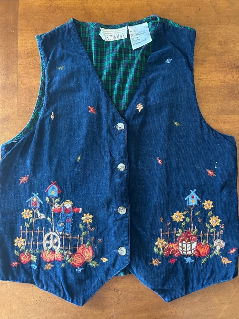 Vintage Casey & Max Navy Embroidered Fall Corduroy Vest